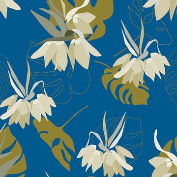 Vintage bloei. Bloemen en bladeren in retro kobaltblauw, mosterd en zand van Dina Dankers