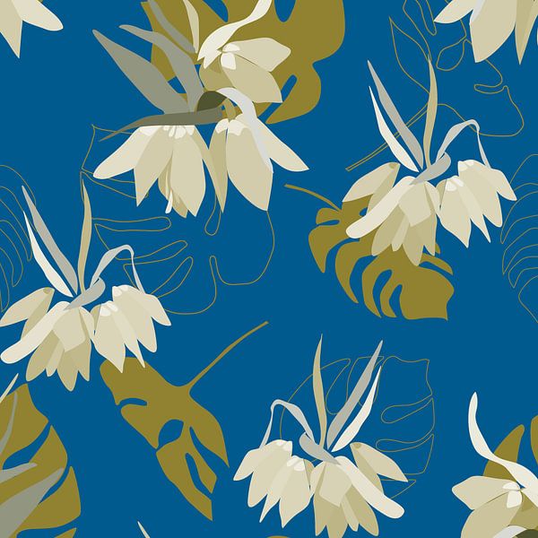 Vintage-Blüte. Blumen und Blätter in Retro-Kobaltblau, Senf und Sand von Dina Dankers