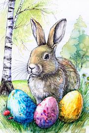 Easter bunny with colourful Easter eggs in the grass with birch trees by Jörg B. Schubert