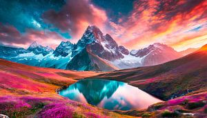 See mit Berge und Wolken