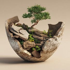 Bonsai in einer zerbrochenen Vase, beige von TheXclusive Art