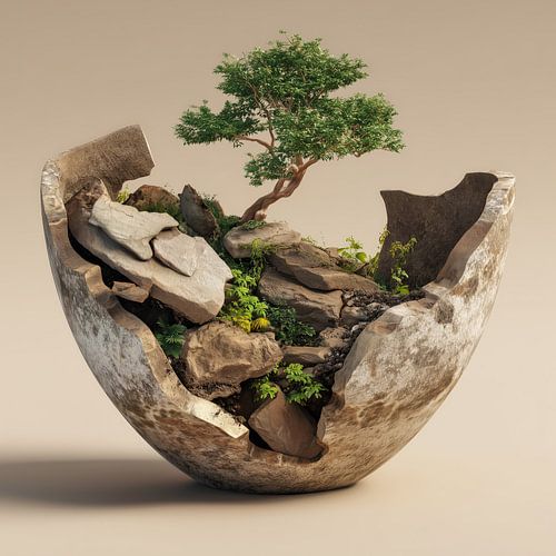 Bonsaï dans un vase ébréché beige