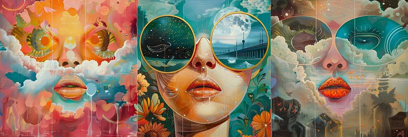 The art of the triptych panorama with three surreal portraits by Digitale Schilderijen