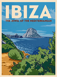 Vintage Travel Poster of Ibiza – Magical View of the Es Vedrà Rock on the Mediterranean Sea by Danny van Eldik
