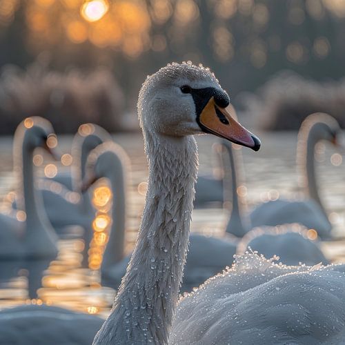Close-up van een zwaan met waterdruppels bij zonsopgang