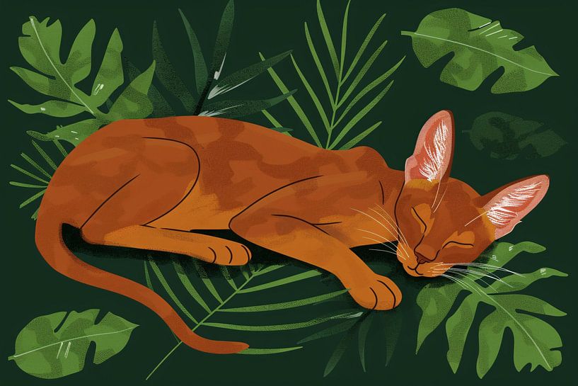 Sleeping cat among tropical leaves painting by Art & Soul Creations