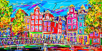 Canal d’Amsterdam, maisons typiques colorées et pont