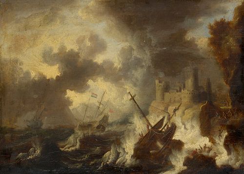 Storm met scheepswrak voor een kustfort, Peter van de Velde