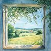 Vue de la fenêtre sur une belle maison et des champs sur Peintures accrocheuses