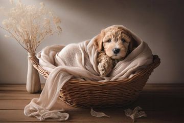 Puppy in een rieten mand van Ellen Van Loon