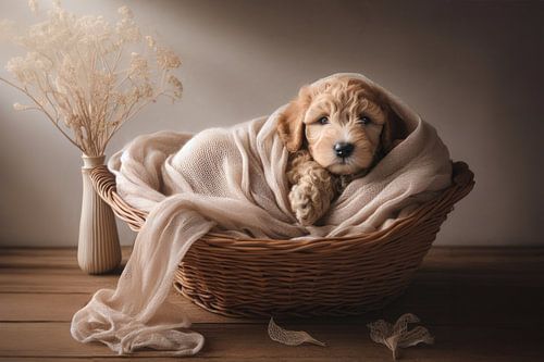 Puppy in a wicker basket