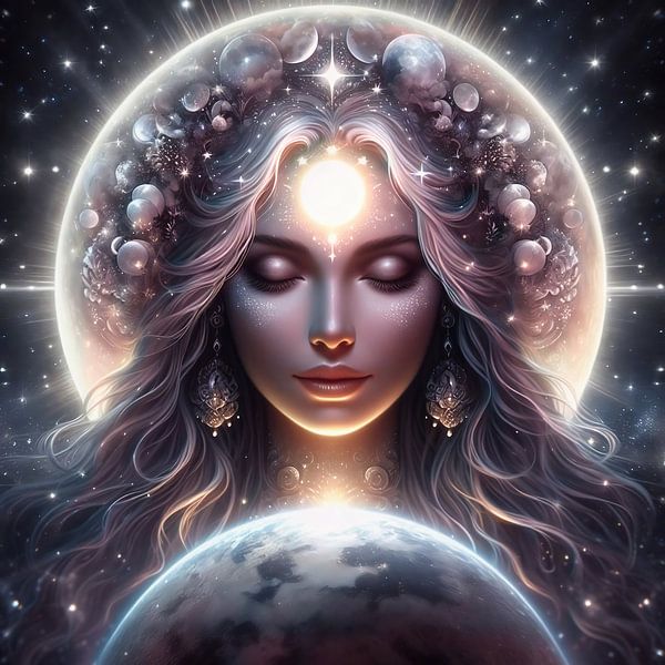Woman between earth and moon by Digital Art Nederland