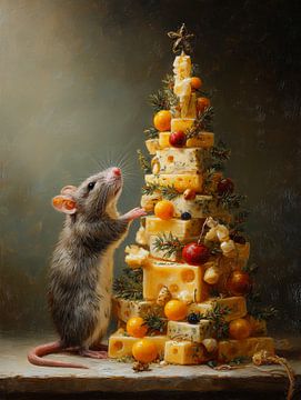 Charmante muis bij feestelijke kerstboom van kaas