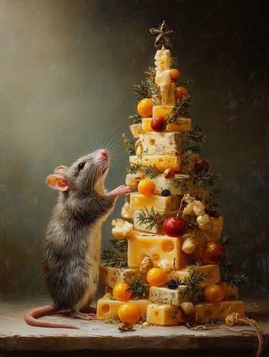 Charmante souris devant un sapin de Noël au fromage