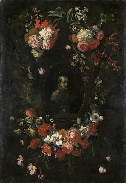 Bloemenkrans om het portret van Hieronymus van Weert, martelaar van Gorkum, Wouter Gysaerts van Meesterlijcke Meesters
