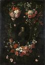 Blumenkranz um ein Porträt von Hieronymus van Weert, Märtyrer von Gorkum, Wouter Gysaerts von Meisterhafte Meister Miniaturansicht
