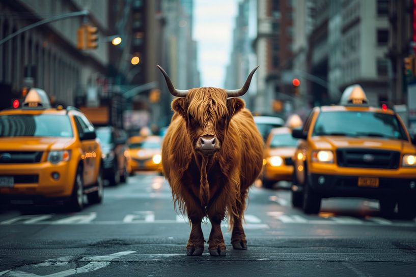 New york and a stray Scottish highlander by Digitale Schilderijen