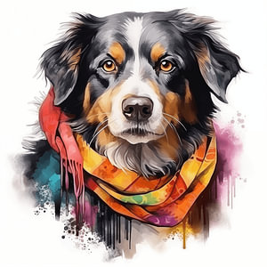 Porträt eins Hundes in Wasserfarbe gemalt mit Buntem Kopftuch auf weißen Hintergrund