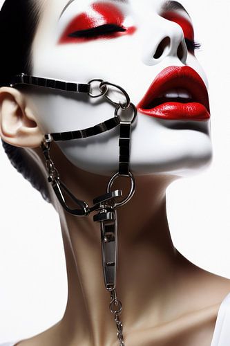 Digitaal creëerde hele mooie vrouw met bizarre fetisj masker in high fashion stijl