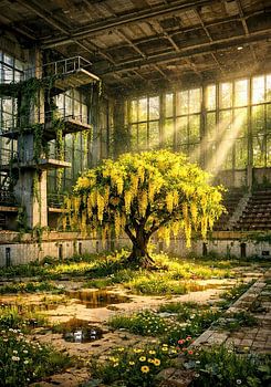 Une pluie d'or à la piscine : l'image montre un hall désert et à moitié délabré, doté de hautes fenêtres par lesquelles la lumière chaude du soleil pénètre en rayons obliques. Au centre pousse un arbre majestueux aux fleurs jaune vif retombantes, qui forme un contraste saisissant avec l'environnement industriel et austère. Le sol est parsemé de carreaux fissurés, de petites flaques d'eau, d'herbes sauvages et de fleurs qui ont repris possession des lieux. Sur le côté se dressent de vieilles tribunes rouillées, et un plongeoir à plusieurs étages est envahi par des plantes grimpantes. Des particules de poussière dansent dans la lumière et renforcent l'atmosphère calme, presque magique. La nature et la décrépitude se fondent ici en une scène silencieuse et poétique. L'image, très riche en détails et pleine d'ambiance, a été créée à l'aide de l'IA.
