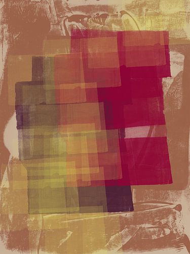 Bordeauxrood, aubergine, geel en terracotta. Abstracte vormen.