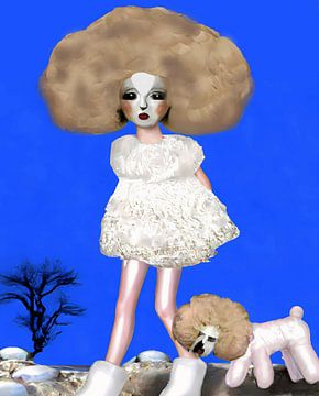 Digitaler Expressionist Kunstwerk Frau und Hund mit großen Bündel von lockiges Haar von Maud De Vries