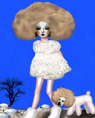 Digitaal expressionistisch kunstwerk vrouw en hond met grote bos krullend haar