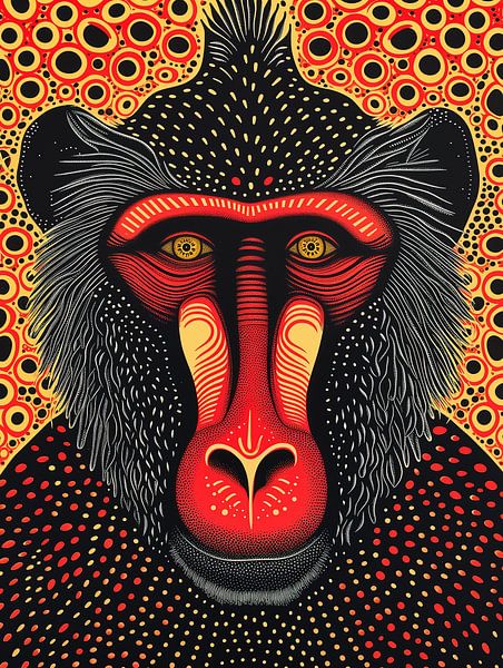Abstract Mandril portret in rood en oranje van Frank Daske | Foto & Design