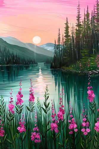 Roze zonsondergang bij rustig bergmeer met bloemen