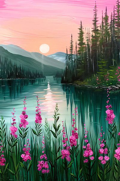Pink sunset at tranquil mountain lake with flowers by Art & Soul Creations