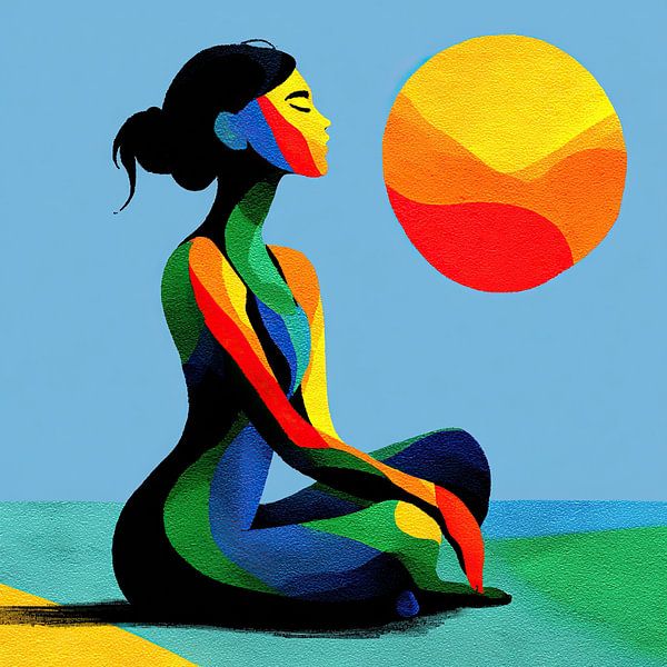 Femme en méditation | Femme aux couleurs de l'arc-en-ciel et soleil éclatant par OMG Art