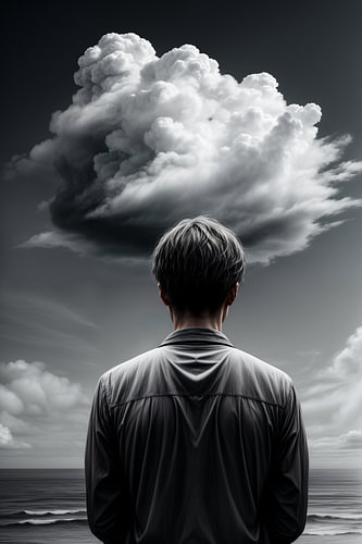 Grijze wolken – eenzame man aan zee onder een dreigende wolkenlucht