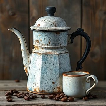 Een oud verweerd roestig licht blauw koffiepot met kopje. van J.a Dijkstra