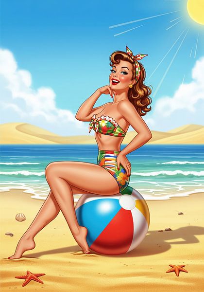 Geïllustreerde Vrouw die op Strandbal op Strand zit van Markus Gann