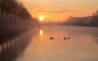 Gouden zonsopkomt boven de Leie aan de sluizen in Menen - Belgie van Fotografie Krist / Top Foto Vlaanderen thumbnail