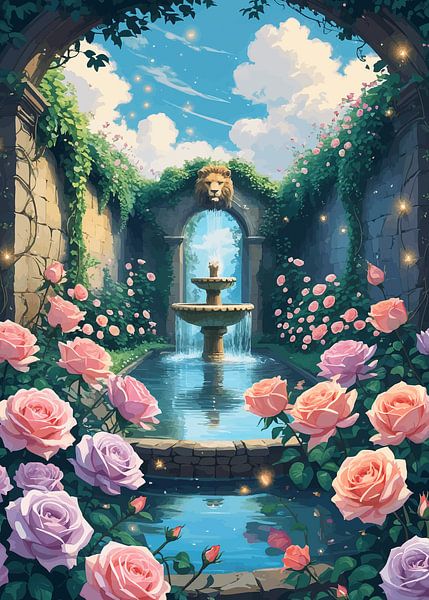 Romantische tuin met rozen en fontein van Pixelbull Design