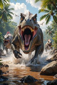 Fantasy Wall Art: RAPTORION - A Tyrannosaurus Rex hunting alongside other dinosaurs