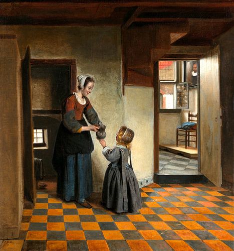 Een vrouw met een kind in een kelderkamer, Pieter de Hooch