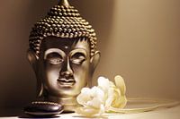 Buddha head with white roses