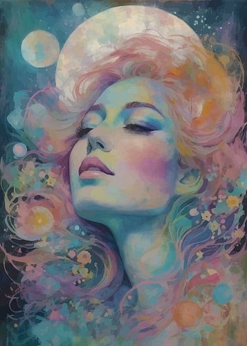 Abstract surrealisme van meisje met kosmische spetters