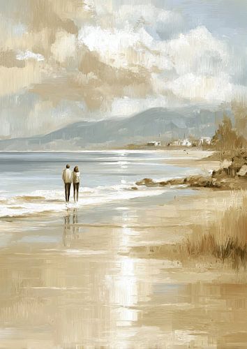 Romantische wandeling op het strand - olieverfschilderij