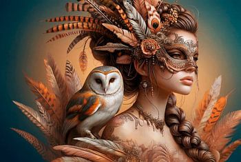 Woman with feathers and a barn owl