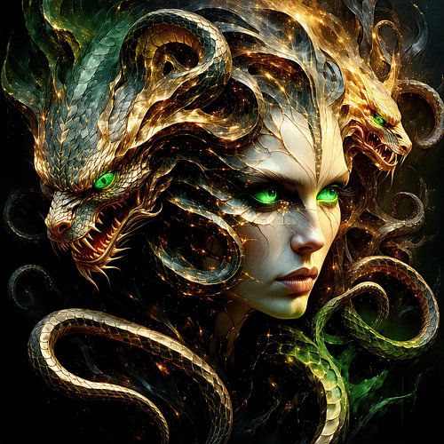 Medusa - La beauté fatale à la tête de serpent d'or, terreur magique de la Gorgone au regard d'émeraude