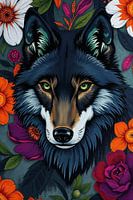 Zwarte wolf met groene ogen bloemig