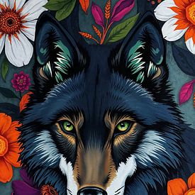 Black wolf with green eyes floral by Liona Toussaint