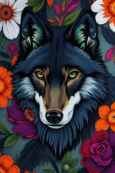 Schwarzer Wolf mit grünen Augen floral von Liona Toussaint