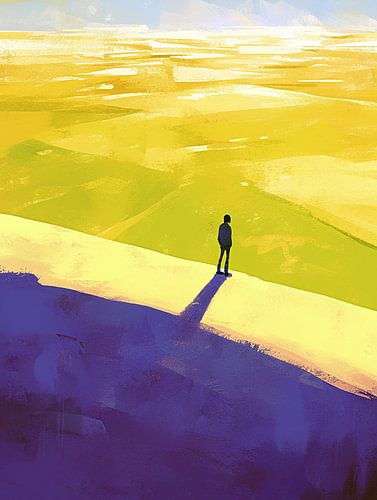 Gelbe Landschaft | Abstrakte Malerei mit kleiner Figur