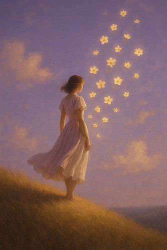 Light as Desire - Fille dans la brise du soir avec des fleurs