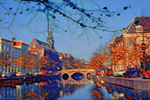 Sfeervol Schilderij Rapenburg Leiden met Nonnenbrug en Academiegebouw