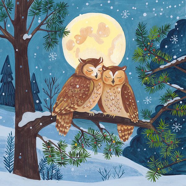 Winter Love Owls by Moonlight by Caroline Bonne Müller